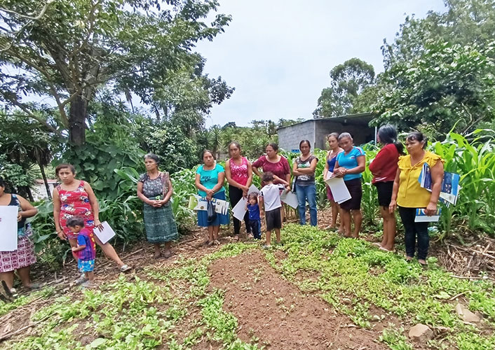 A diverse group of individuals stands together in a lush green field surrounded by various plants. 